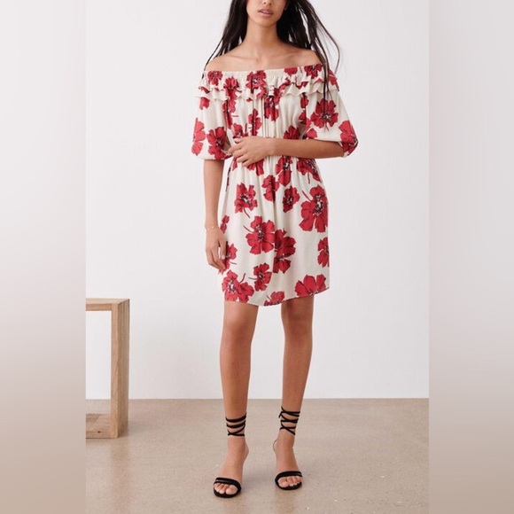 Ba&sh Kiara Short Floral Dress Ivory Red Off The Shoulder - Picture 1 of 12